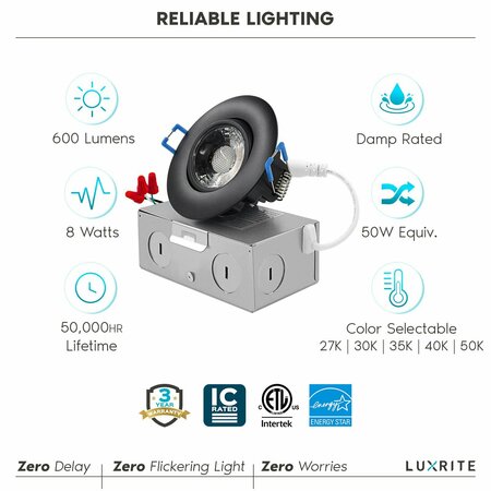 Luxrite 3 Inch Gimbal LED Recessed Downlights 5CCT 2700K-5000K 8W 600LM Dimmable Damp Rated Black, 6PK LR23221-6PK